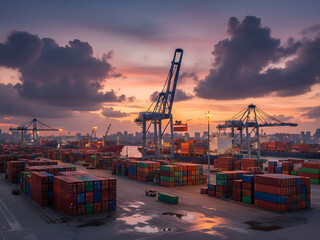 Fototapeta premium Container crane lifting cargo containers in a busy shipping yard at sunset, representing logistics, transportation, export, import and global trade operations. 3d image. Global Logistics & Trade