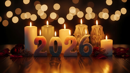 A beautiful display of candles with the year 2026 illuminated, creating a warm and festive atmosphere with soft bokeh lights.