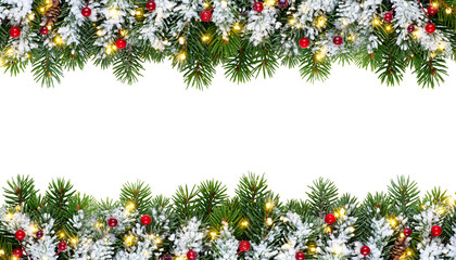 Festive Christmas Garland Border with Lights and Ornaments.