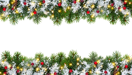 Festive Christmas Garland Border with Lights and Ornaments.
