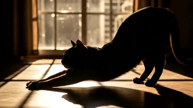 Silhouette of a stretching black cat against a window with morning light creating long shadows