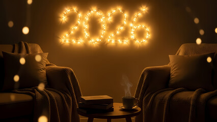 Cozy living room scene illuminated by warm string lights forming the year 2026, creating a welcoming atmosphere for future celebrations.