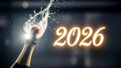 A champagne bottle pops open, celebrating the arrival of the New Year 2026 with a splash of bubbly and festive cheer.