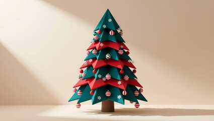 Geometric Christmas tree with red and teal ornaments