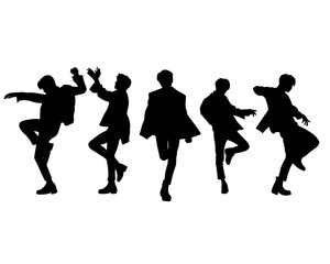 Male idol group silhouette, kpop idol dancing, icon isolated on white background, type 4