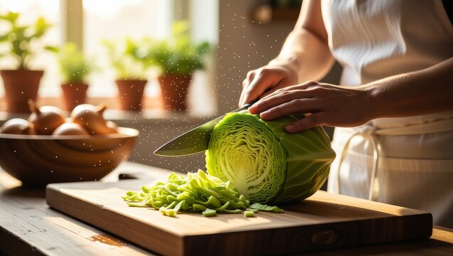 Slicing fresh cabbage on wooden cutting board