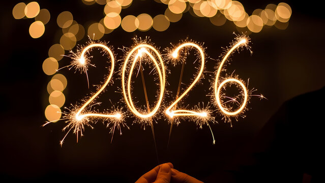 A hand holds a sparkler creating the year 2026 with bright, glowing light against a dark background, celebrating the future.