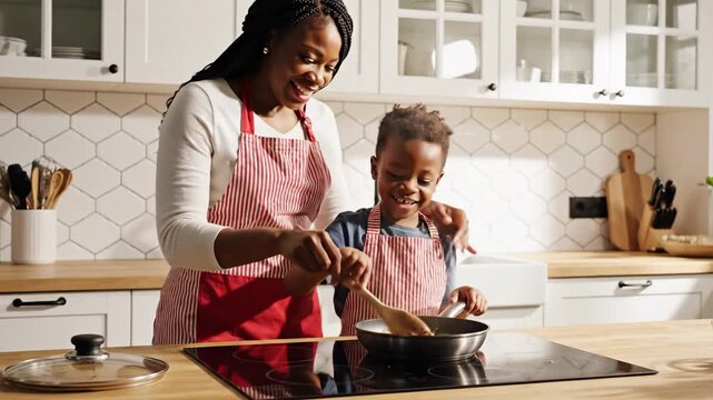 Happy African mother and son cooking dinner together enjoying kitchen bonding time