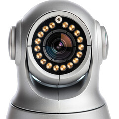 Modern silver security camera with rotating head and infrared LEDs isolated on transparent background with dramatic lighting