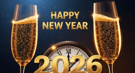 Celebrating new year 2026 with golden champagne flutes and a clock
