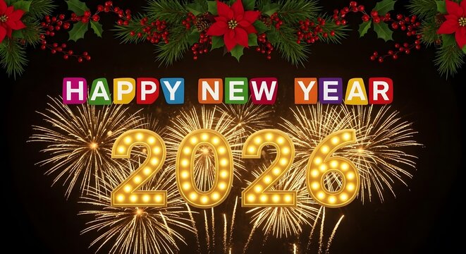Festive 2024 new year celebration with fireworks and floral garland