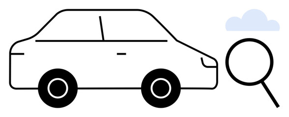 Car with magnifying glass symbolizing vehicle analysis, quality check, or inspection. Ideal for transport, maintenance, safety, insurance, evaluation research automotive care. Simple flat metaphor