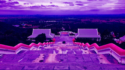 Abstract background. Image of a Buddhist temple complex at the foot of Khao Wong Phra Chan. Gradients of soft, blurred colors. Lopburi Province, Thailand. Showing, building, city, long, house, angel, 