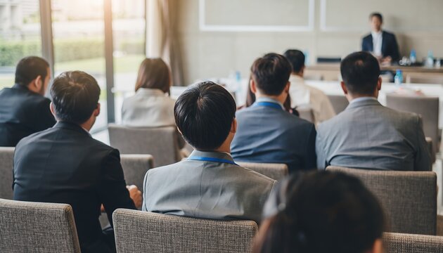 Business Meeting Conference Room with Attentive Audience and Presenter in Modern Office