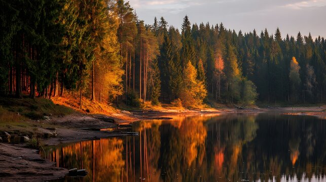 Golden Hour Glow on Forest Lake Serene Autumn Landscape Reflection.