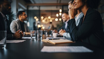 Business Meeting of Diverse Professionals in Modern Conference Room with Warm Lighting