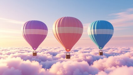Fototapeta premium Three hot air balloons above pink clouds at sunset