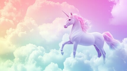 Holographic fantasy rainbow unicorn background with clouds. Pastel color sky. Magical landscape, abstract fabulous pattern. Cute candy wallpaper. 