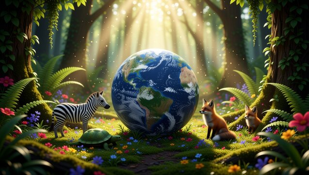 Earth globe in sunlit forest with animals and flowers