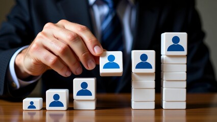 Hand arranging person icon blocks on wooden desk