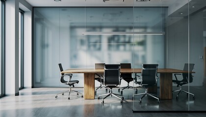 Modern Conference Room with Black Office Chairs and Wooden Table in Bright Natural Light