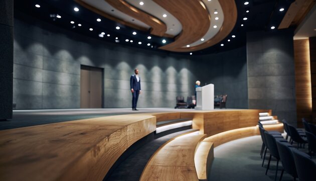 Modern Conference Room Stage with Presenter and Audience Seating in Stylish Auditorium