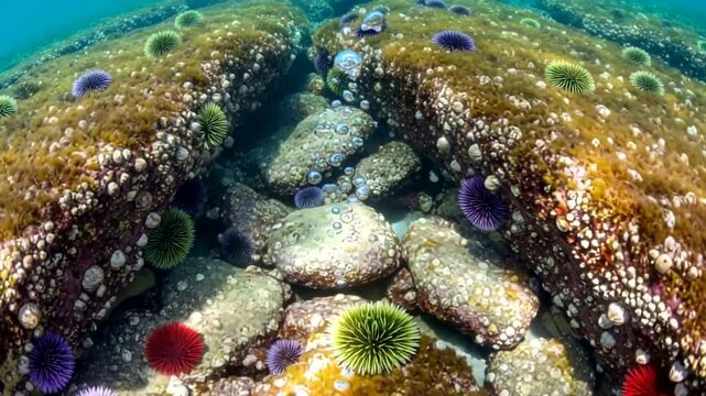 Underwater rock formation teeming with vibrant sea urchins creates a striking natural tableau