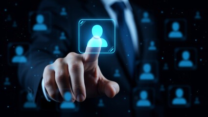 Hand interacting with glowing user profile icon