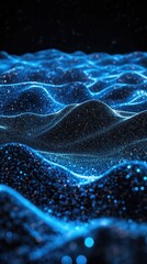 Vertical image of horizontal lines of blue particles and undulating 3d landscape on black background. Communication technology, abstract digital interface background concept digitally 