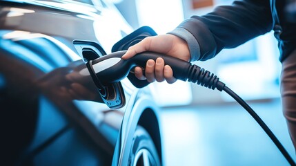 Electric Vehicle Charging Station Closeup: Faceless Man Gripping Power Cable, Sustainable Transportation Process, Green Energy Connection, EV Charging Sequence with Copy Space