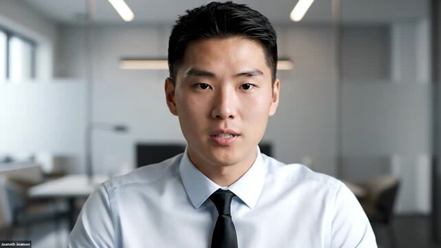 Asian man in a business suit speaks with a glass wall background, looking at the camera