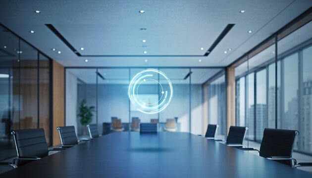 Modern Conference Room with Futuristic Holographic Display and Large Windows - Powered by Adobe