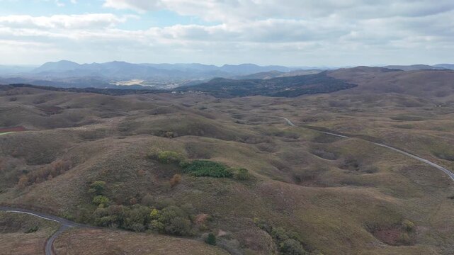 日本の秋のドローン映像　草が枯れてた秋吉台を右斜め前に移動しながら空撮