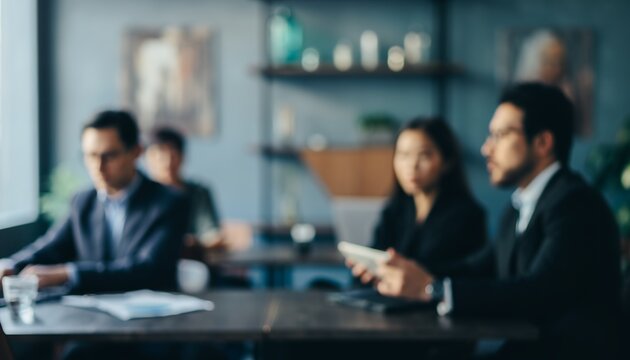 Business People in Formal Suits Having Meeting in Modern Office with Natural Light and Blurred Background