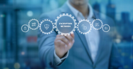 Business Professional Using Digital Encryption Methods Interface Highlighting Data Security, Cryptographic Protection, Secure Communication, and Advanced Cybersecurity Technology