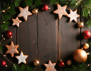 Christmas background . On a dark wooden background: gingerbread cookies, ornaments, tinsel arranged in a circle, leaving an empty space in the center for text or design. Template for design