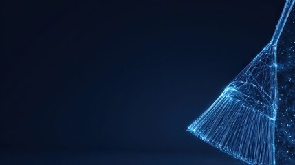 A digital rendition depicts a broom composed of illuminated blue lines, suggesting the act of cleaning or sweeping against a dark background. ..Created with Generative AI, not depicting real subjects.