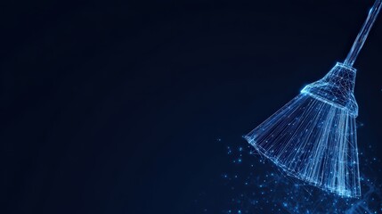 An artistic illustration of a digitally rendered broom sweeping with futuristic neon lines, creating an impactful digital image. ..Created with Generative AI, not depicting real subjects.