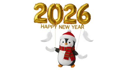 Cute penguin celebrating happy new year 2026 isolated on transparent background