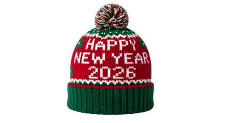 Happy new year 2026 knitted hat isolated on transparent background