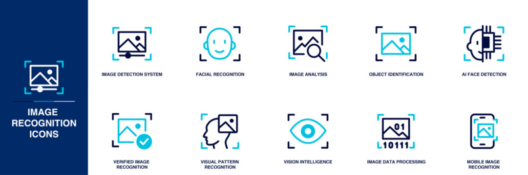 Image Recognition Blue Colored Outline Icon Set