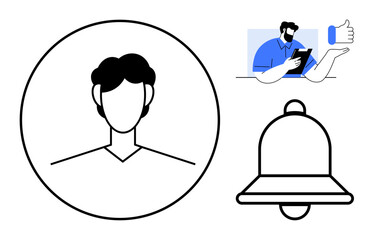 User avatar in circle, notification bell, person with tablet and thumbs-up icon. Ideal for user interface, social media, networking, alerts, communication interaction engagement. Simple flat