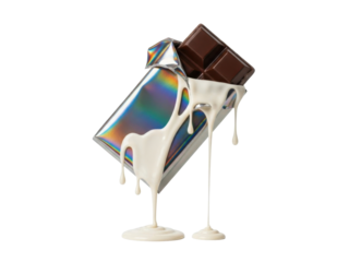 Metallic chocolate wrapper floating with elegant drips white background