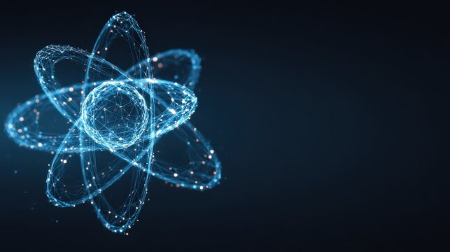 A digital depiction of a luminous atom, showcasing intricate particle pathways against a dark, cosmic backdrop. ..Created with Generative AI, not depicting real subjects.