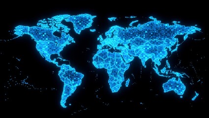 Glowing blue digital world map