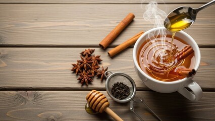 A warm cup of tea with honey being drizzled, surrounded by spices and ingredients.