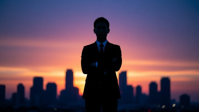 Silhouetted businessman with arms crossed against city sunset