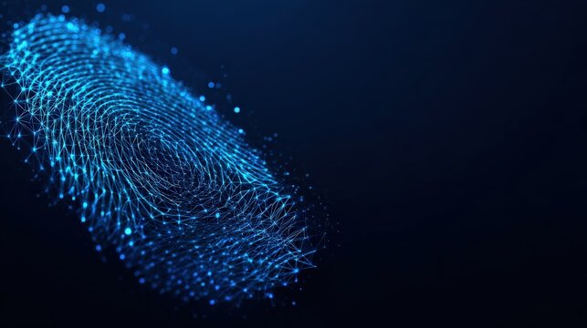 A digital fingerprint, a visual representation of biometric security and technology, glows brightly on a dark, mysterious background.  ..Created with Generative AI, not depicting real subjects.