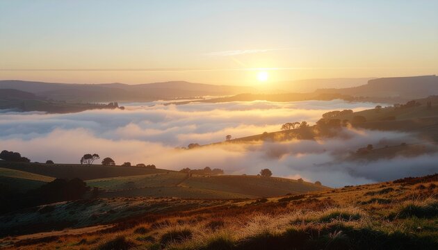 Sunrise over hills covered in fog and trees. perfect for naturethemed designs, inspirational content, or peaceful backgrounds for various projects.