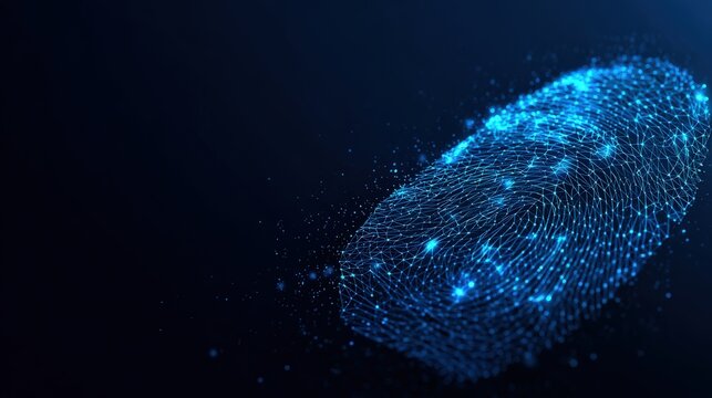 An illuminating digital fingerprint against a deep blue backdrop, emphasizing modern security. ..Created with Generative AI, not depicting real subjects.